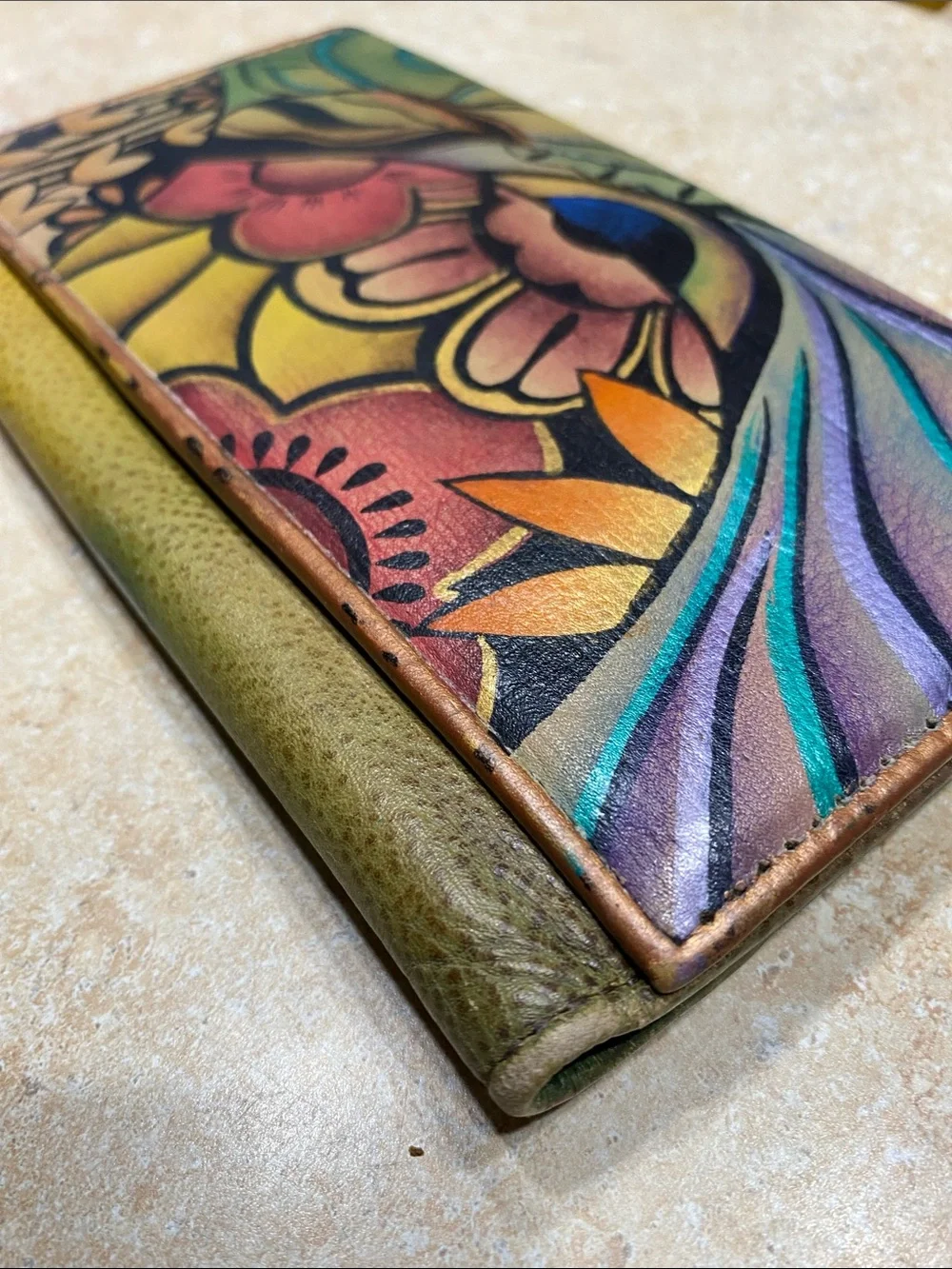 Anna by Anuschka Hand Painted Leather Tri Fold Wallet Floral Flowers
